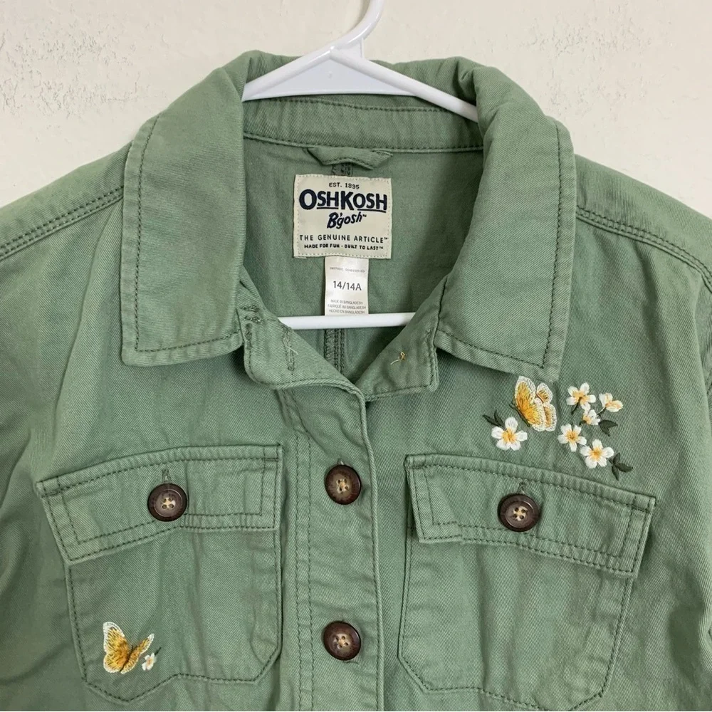Oshkosh Girls Size 14 Button Front Shirt Shacket Jacket Embroidered Butterfly